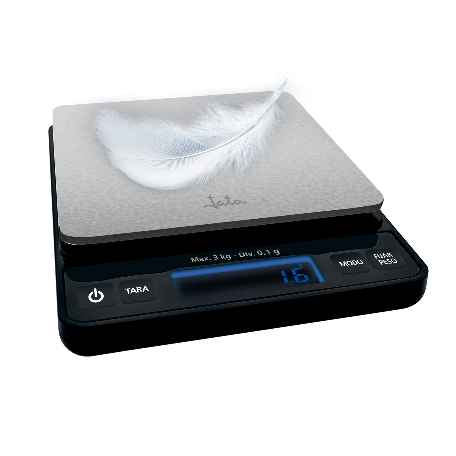 Una báscula de cocina digital con una pluma encima, que muestra un peso de 1,6.