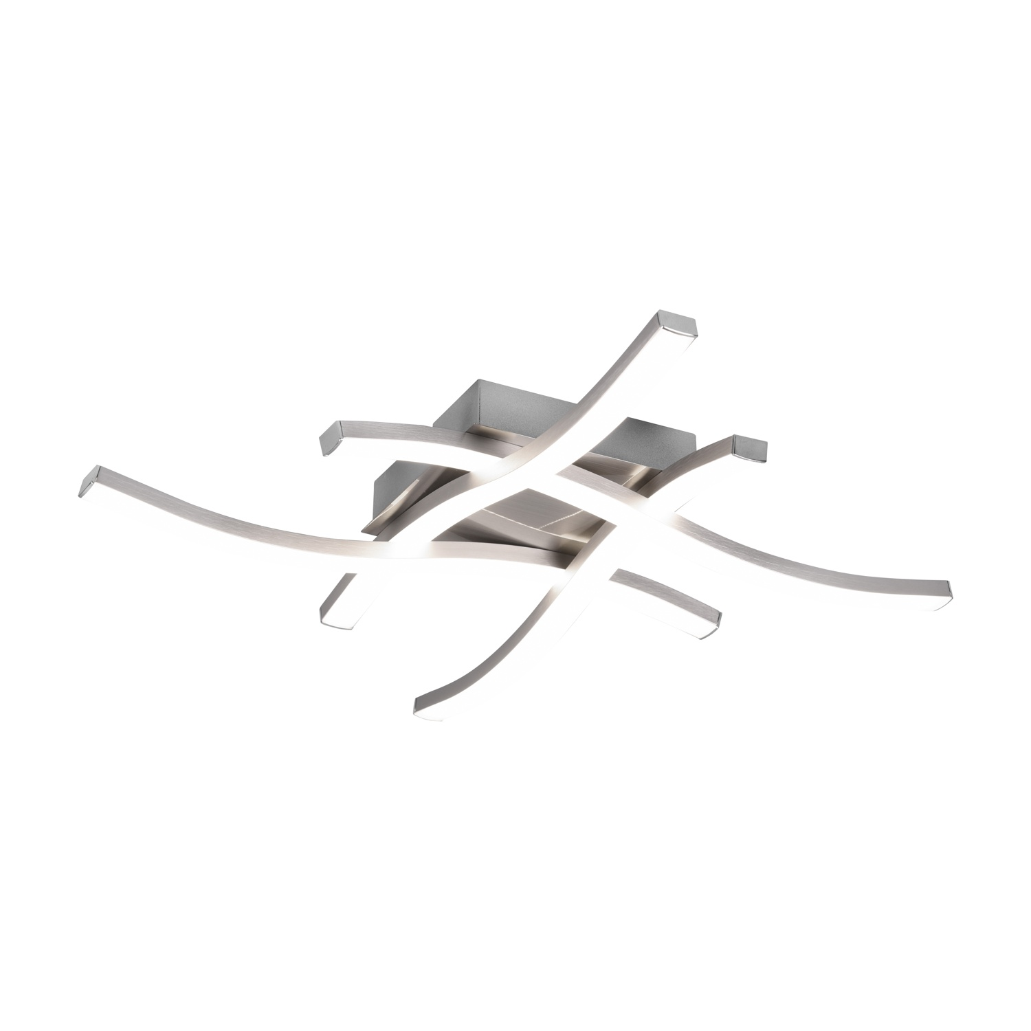 Lampada da soffitto a LED moderna. Metallo argentato. Bagliore bianco. Sfondo bianco.