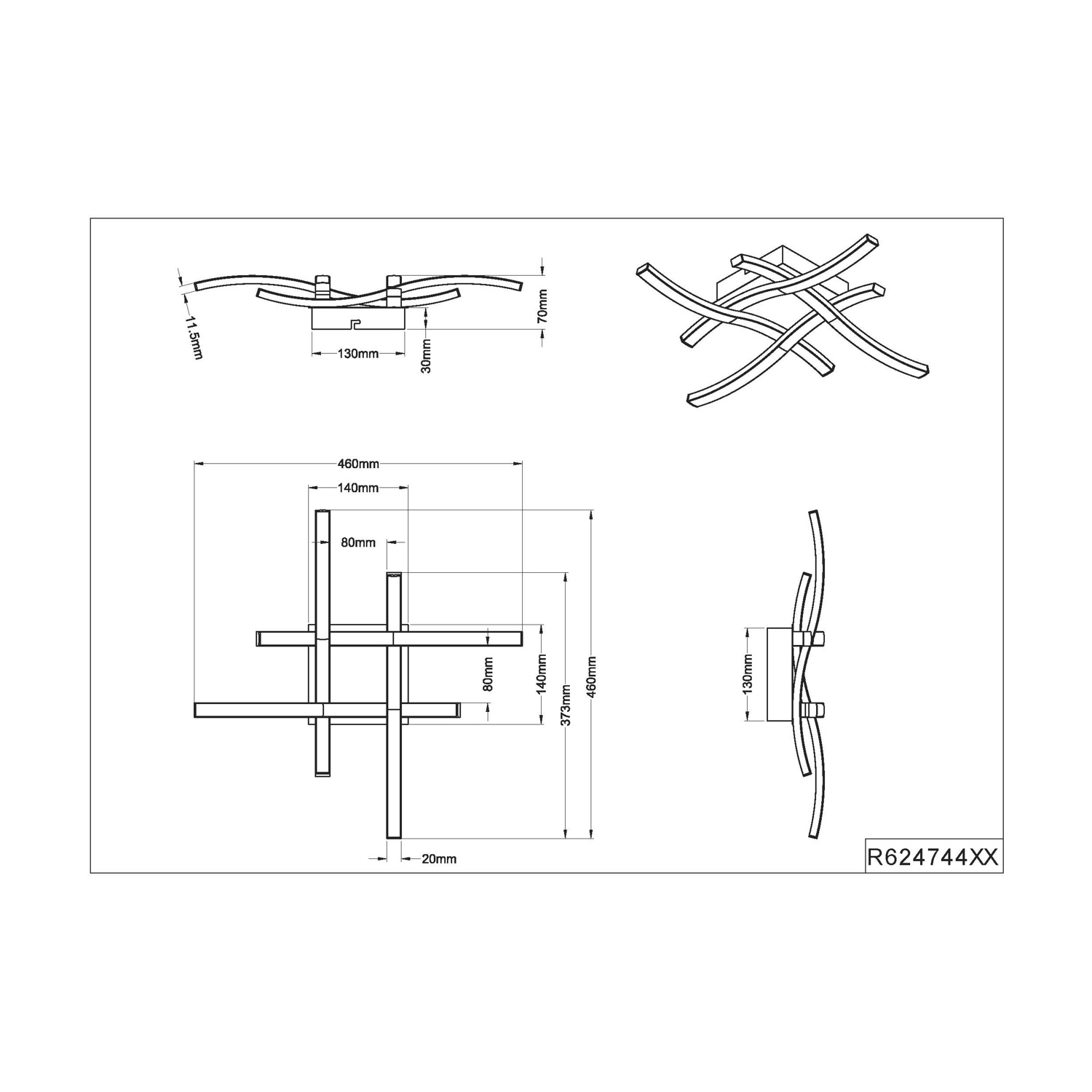 Disegno tecnico di una lampada da soffitto con dimensioni e viste multiple.