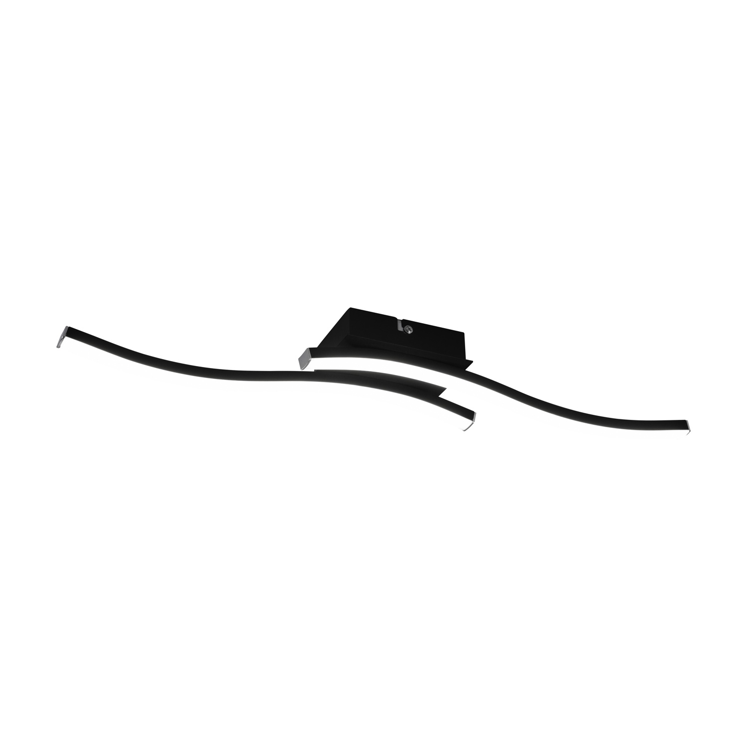 Lampada da soffitto nera, con due bracci curvi e un blocco centrale.
