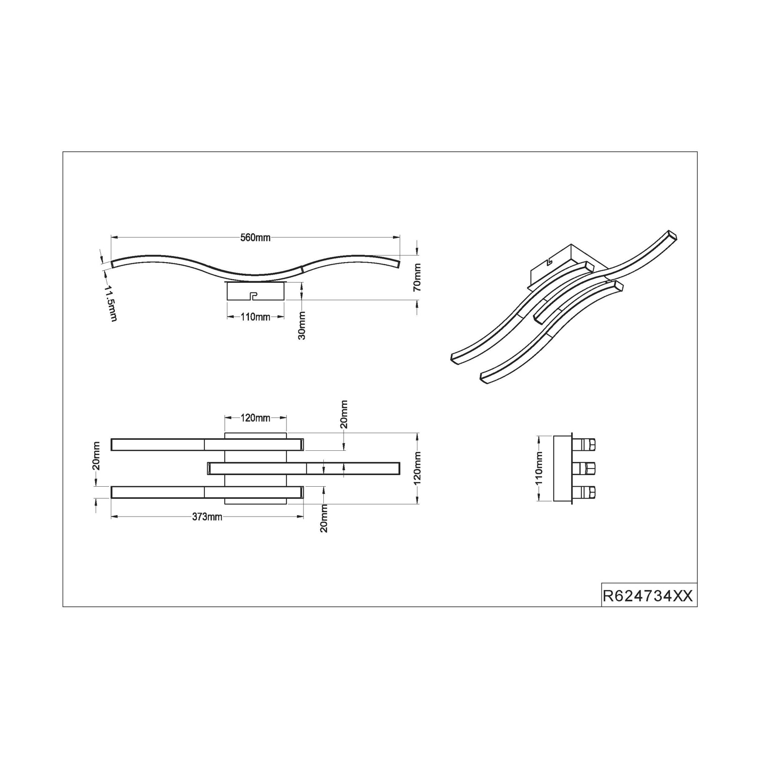 Diagramma di una plafoniera con dimensioni. La luce è ondulata con misure in mm.