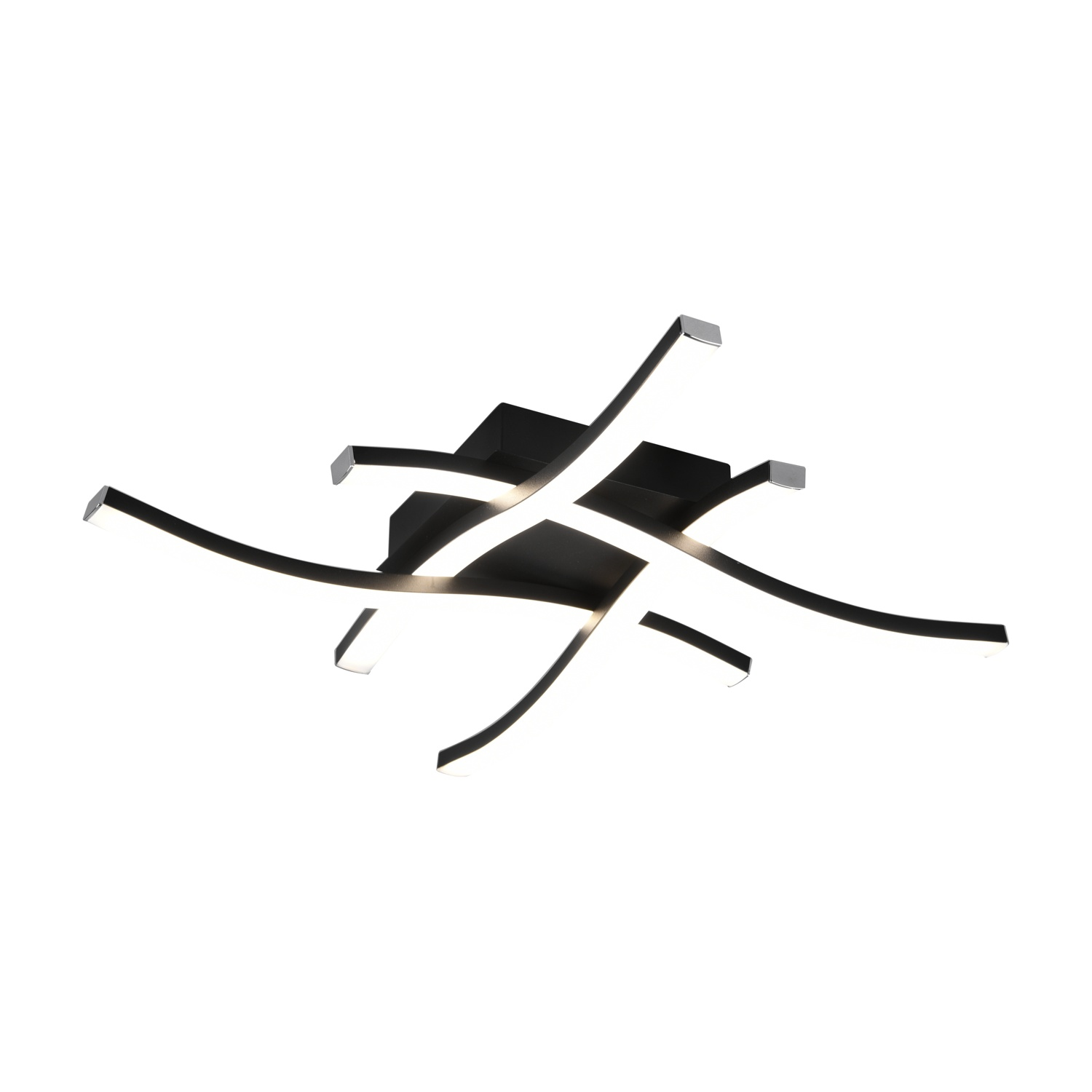 Lampada da soffitto nera astratta con bracci curvi e luci bianche.