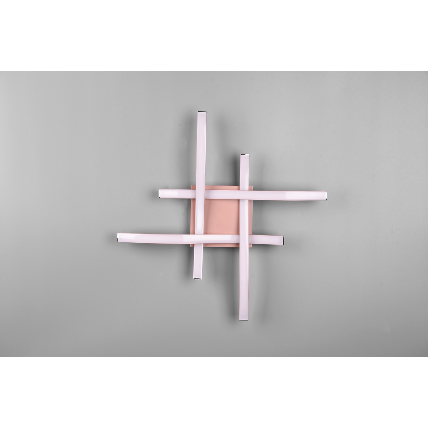 Applique con quadrato rosa e strisce LED bianche a croce su sfondo grigio.
