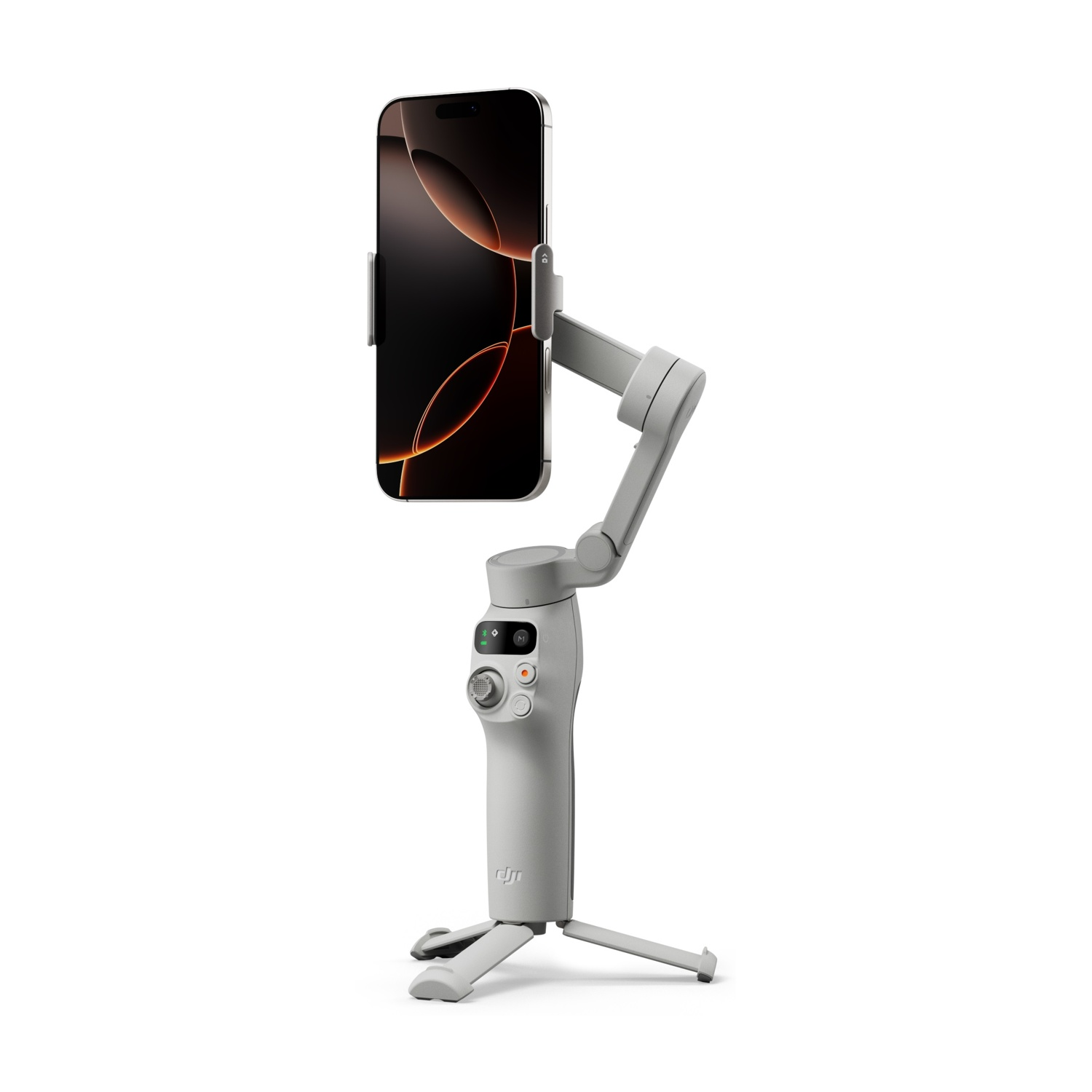Un gimbal grigio chiaro con uno smartphone attaccato, su un piccolo treppiede, su sfondo bianco.