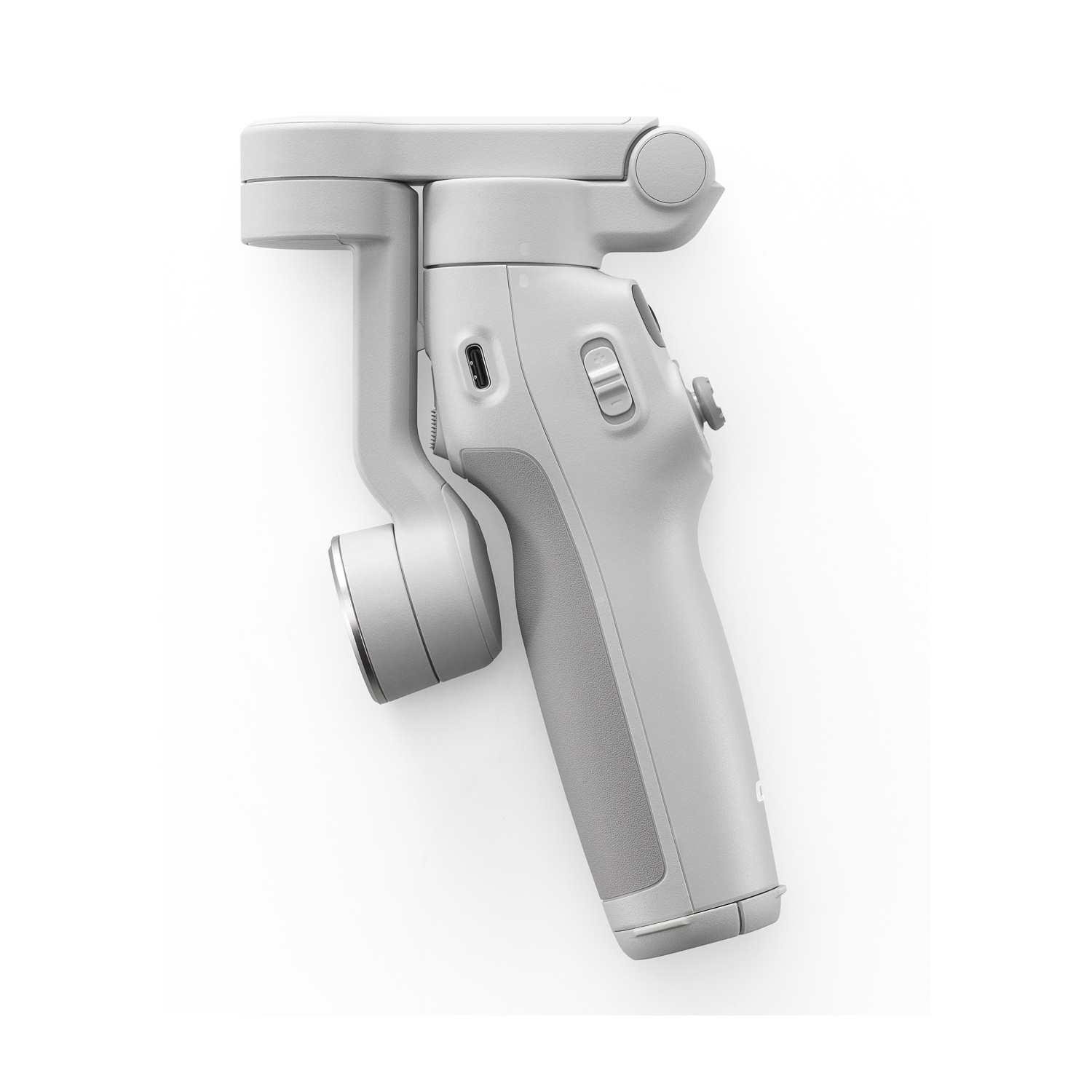 Uno stabilizzatore gimbal grigio chiaro con maniglia, pulsanti e una porta, su sfondo bianco.