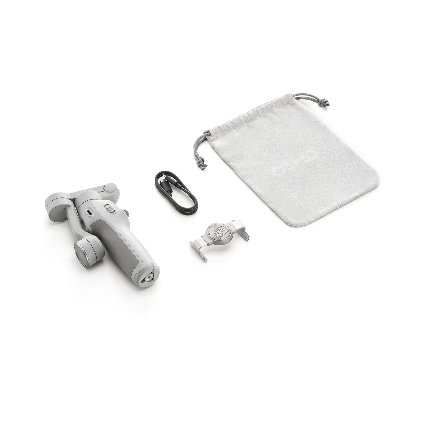 Un gimbal grigio chiaro, una custodia, un cavo e una clip su sfondo bianco.