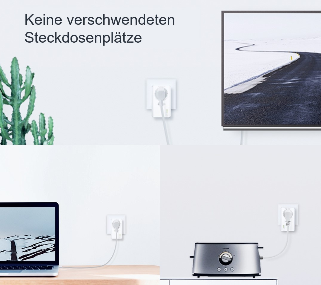 Steckdosen mit Steckern, in der Nähe von Laptop, Fernseher und Toaster.