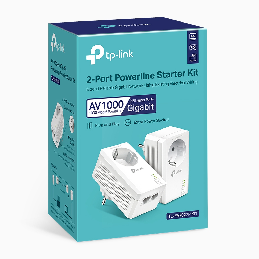 Karton eines TP-Link 2-Port Powerline Starter Kits. Zeigt Adapter und Funktionen.