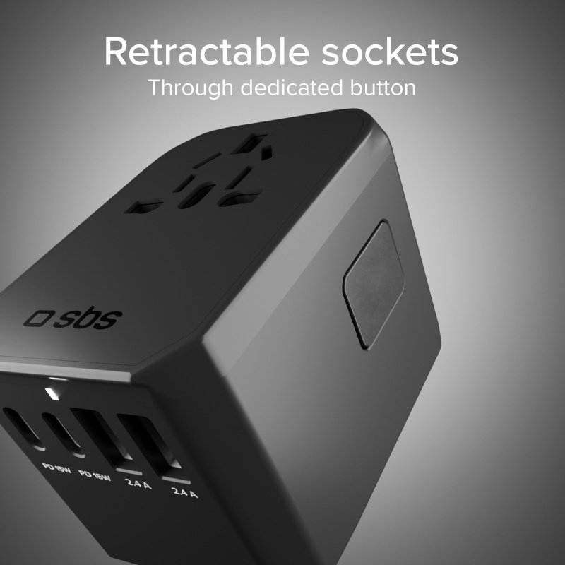 Schwarzer Netzadapter mit mehreren Anschlüssen. Text: Einziehbare Steckdosen.