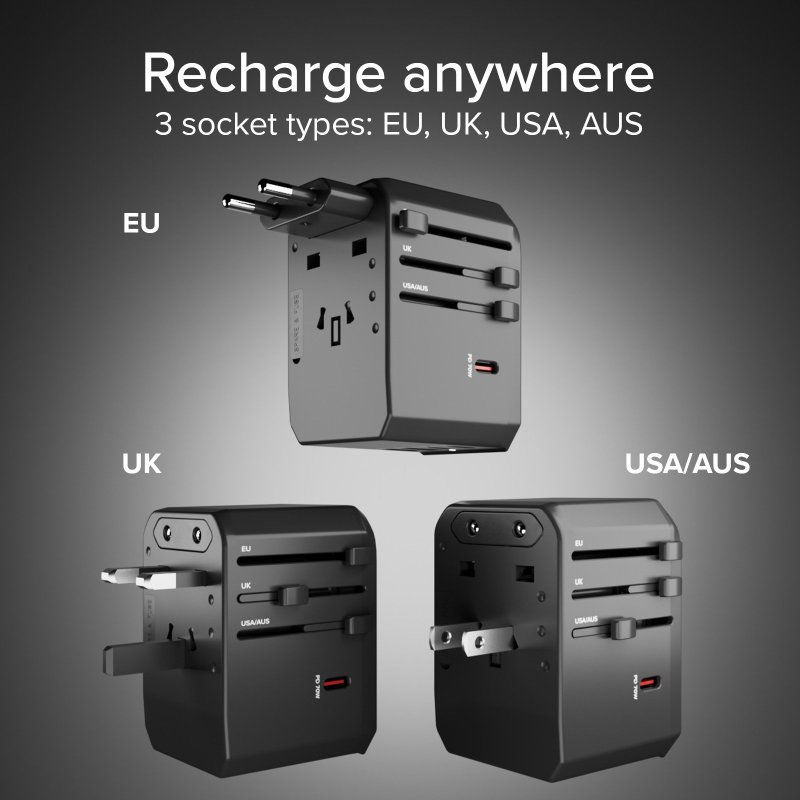 Drei schwarze Reiseadapter mit EU-, UK- und USA/AUS-Steckern.