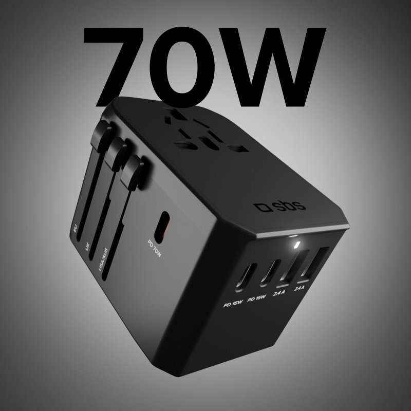 Schwarzer Netzadapter mit mehreren Steckern und USB-Anschlüssen. Der Text 70W ist sichtbar.
