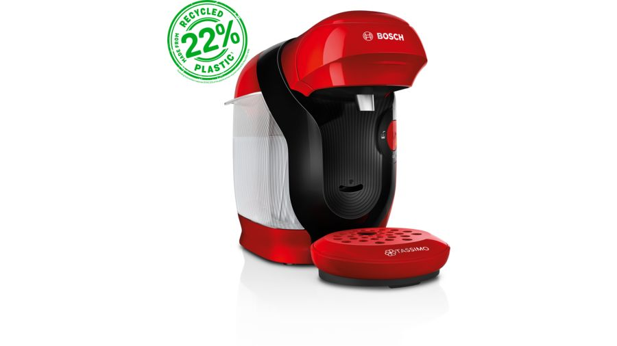 Cafetera Bosch Tassimo roja y negra con etiqueta verde de 'plástico reciclado'.
