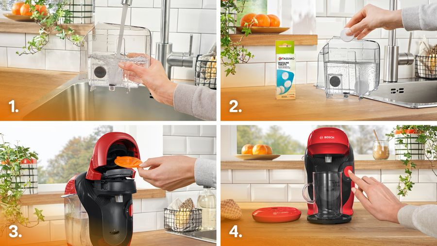 Cuatro imágenes que muestran los pasos para usar una cafetera.