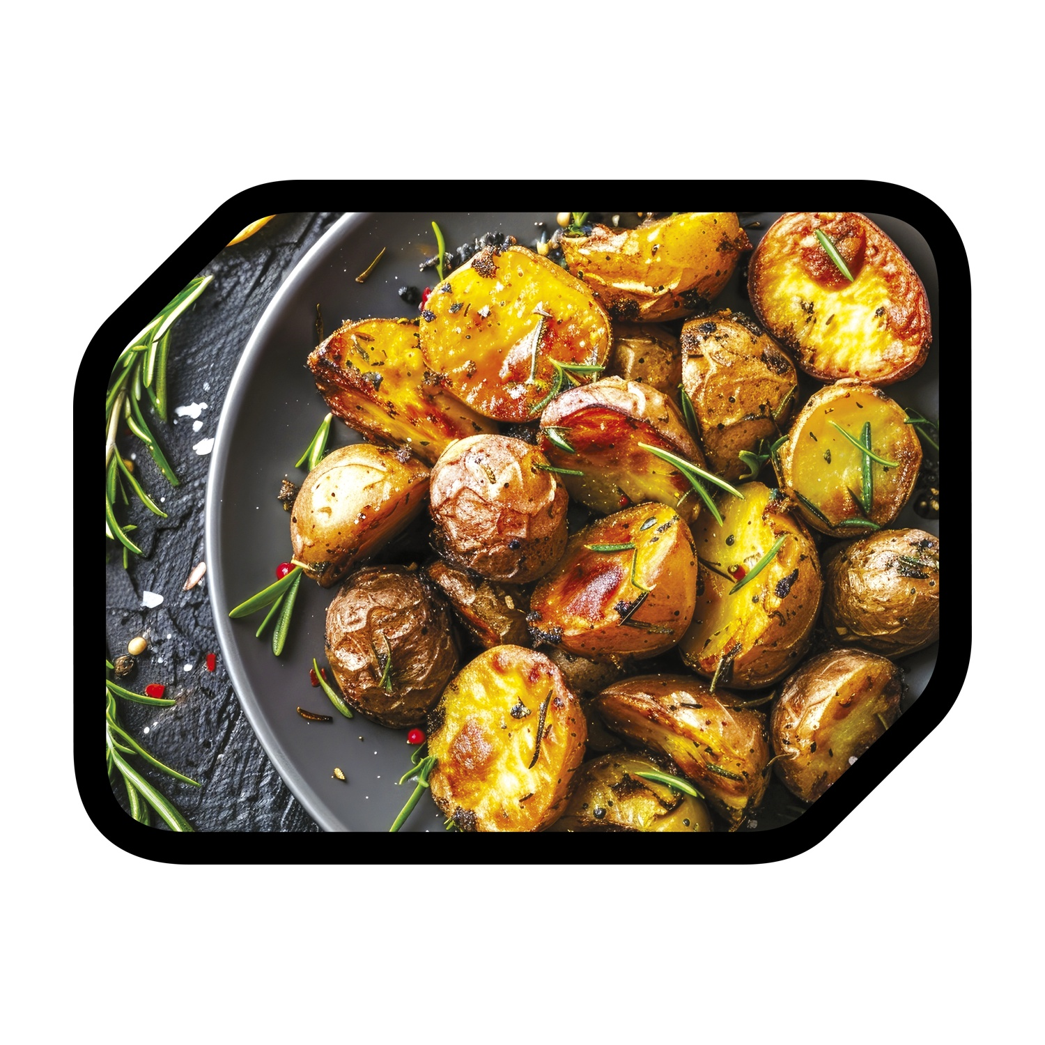 Piatto di patate arrosto con erbe e aglio.