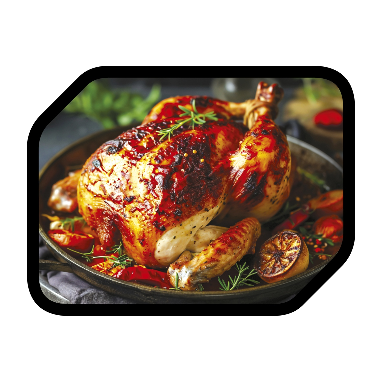 Pollo arrosto su un piatto con pomodori e limoni, guarnito con rosmarino.