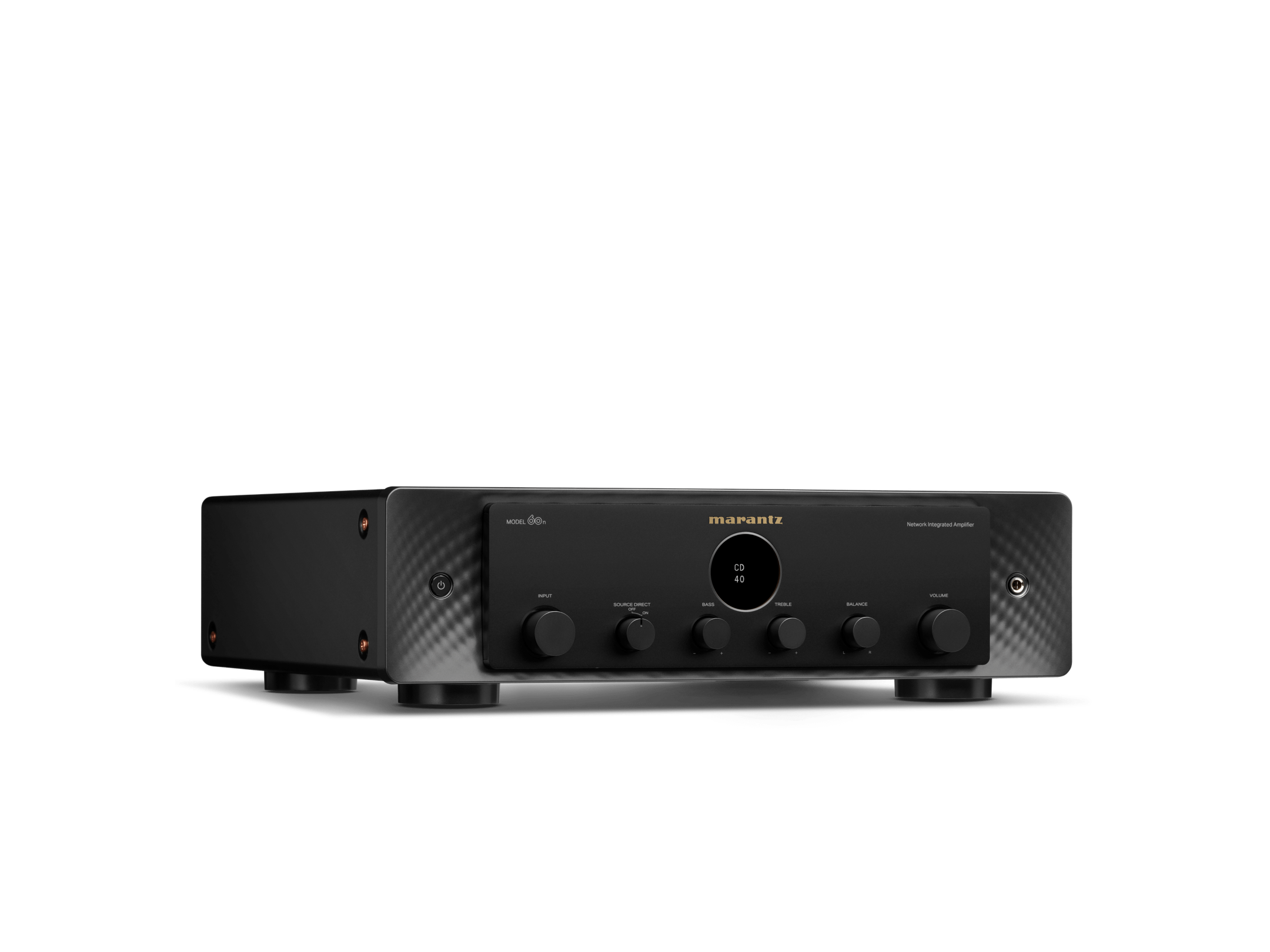 Schwarzer Marantz-Verstärker. Modell 60, mit Knöpfen, Tasten und einem zentralen Display mit der Anzeige 'CD 40'.