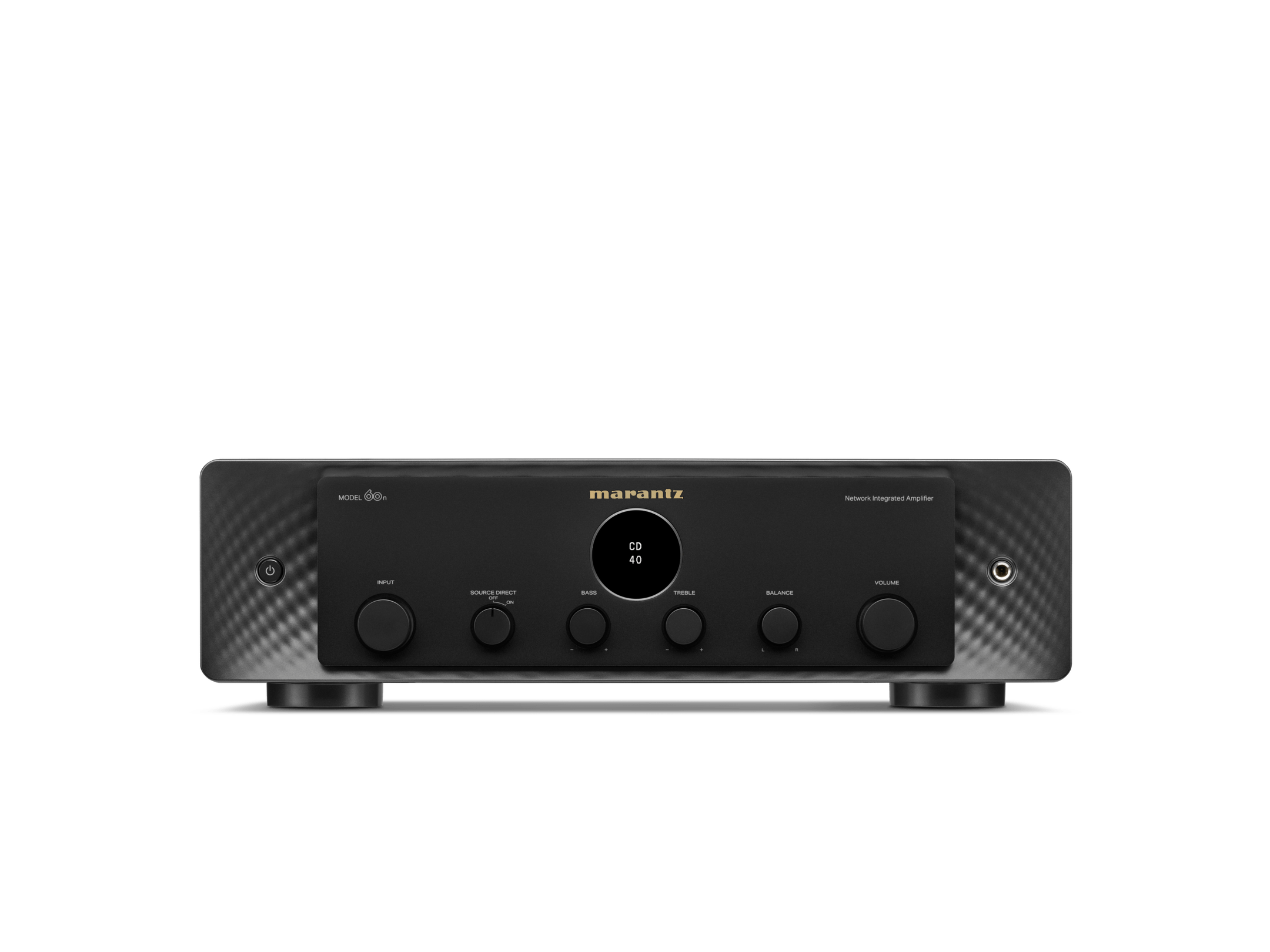 Schwarzer Marantz-Audioverstärker mit mehreren Knöpfen und einem zentralen Display, auf schwarzem Hintergrund.