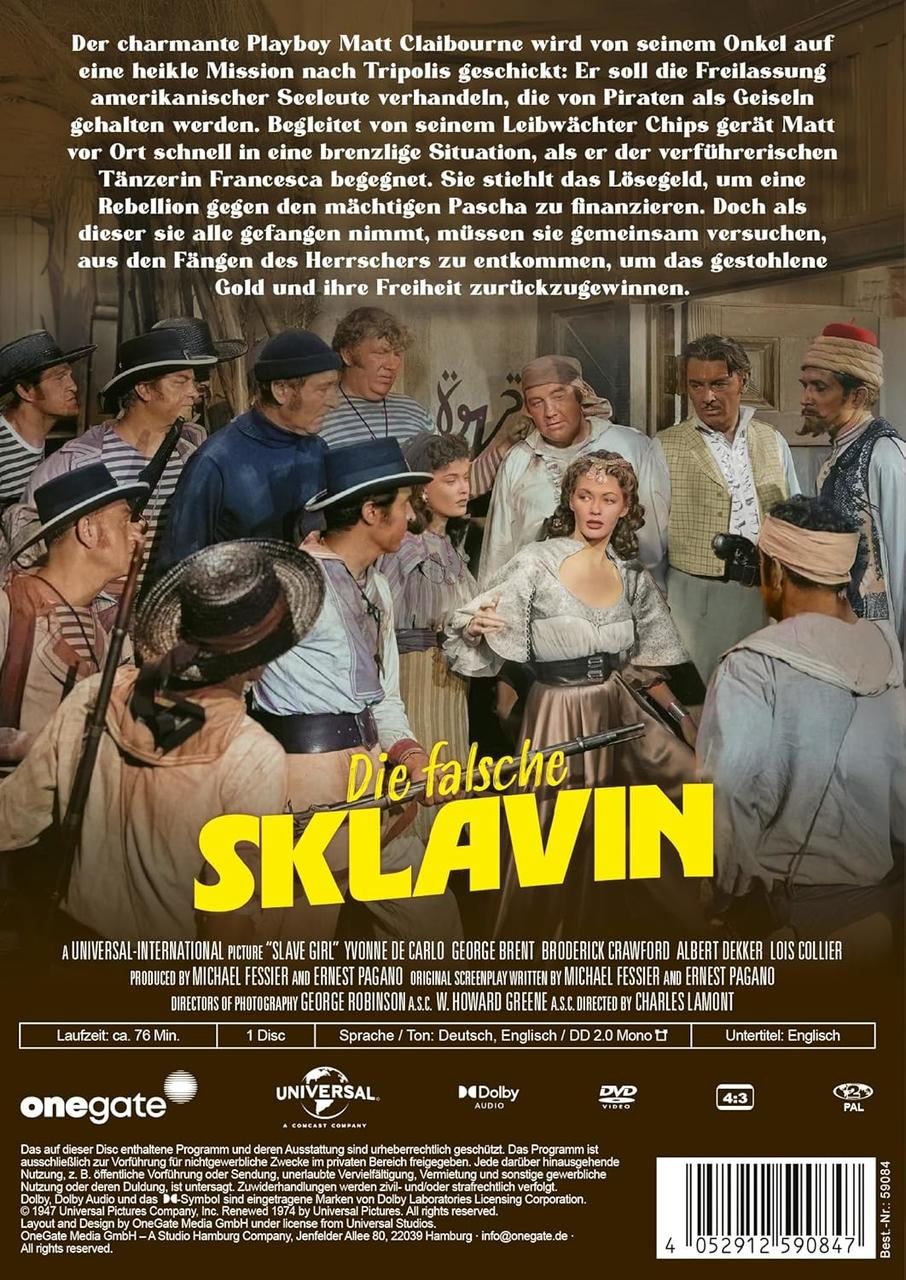 Filmplakat für 'Die falsche Sklavin' mit Schauspielern in historischen Kostümen, mit deutschem Text.