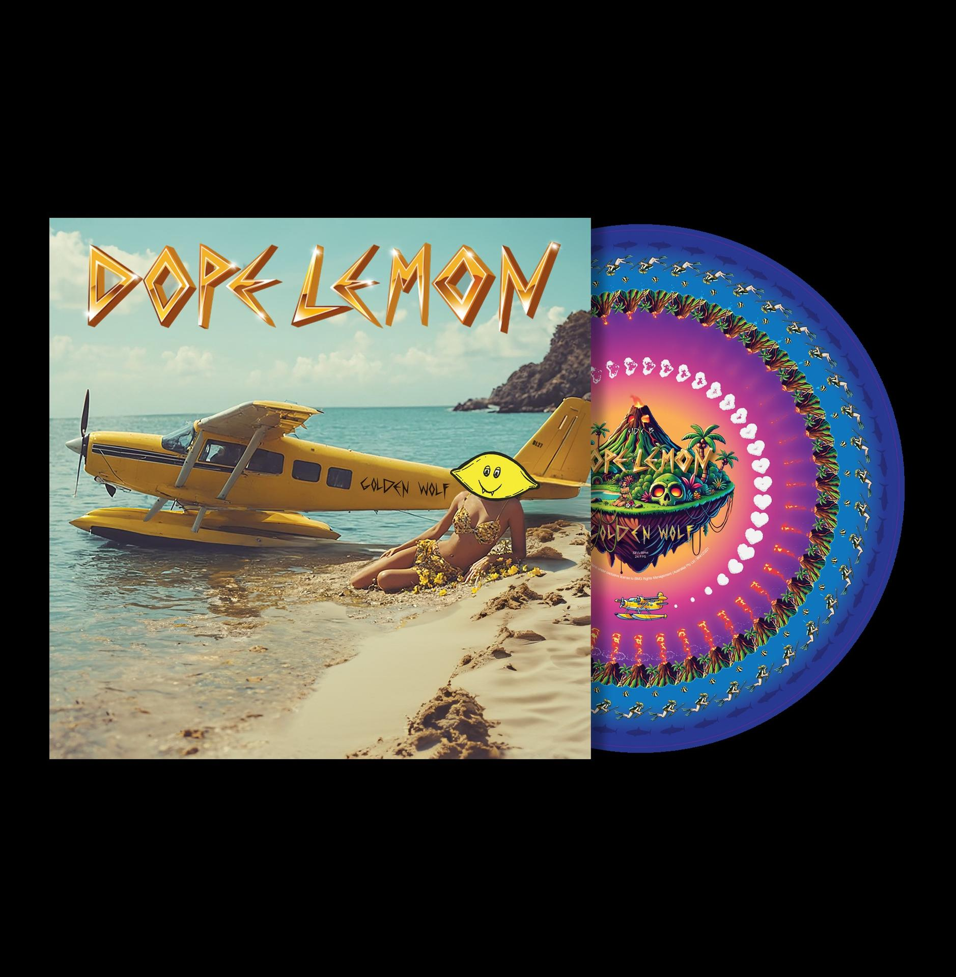 Albumcover mit gelbem Flugzeug und Frau am Strand, mit Schallplatte.