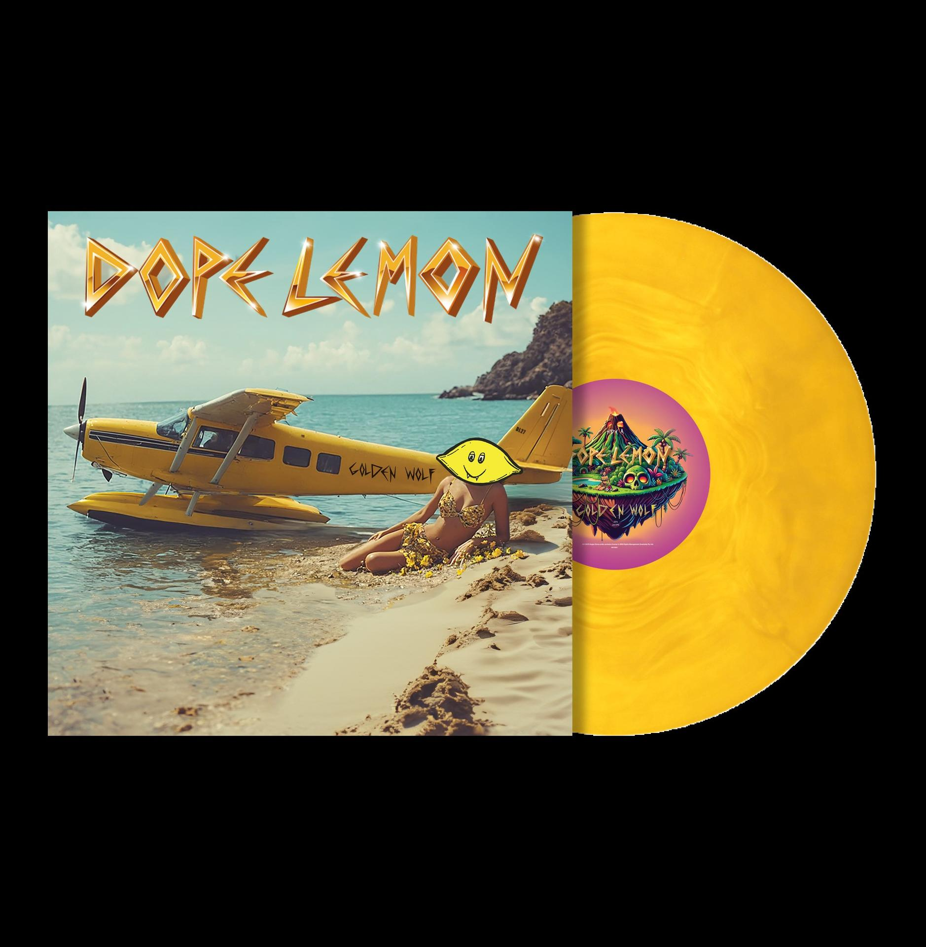 Albumcover mit gelber Vinyl-Schallplatte daneben. Albumtitel: Dope Lemon.