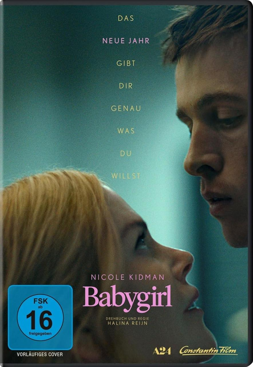 Filmcover: Zwei Personen nah, Titel 'Babygirl' mit deutschem Text.