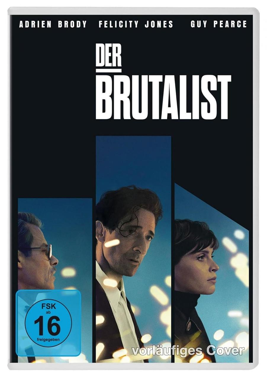 DVD-Cover für 'Der Brutalist' mit Adrien Brody, Felicity Jones und Guy Pearce, Titel sichtbar.