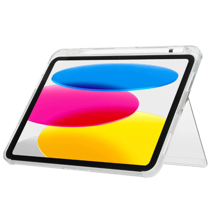 İçinde tablet bulunan şeffaf tablet kılıfı. Ekran renkli bir görüntü gösteriyor.