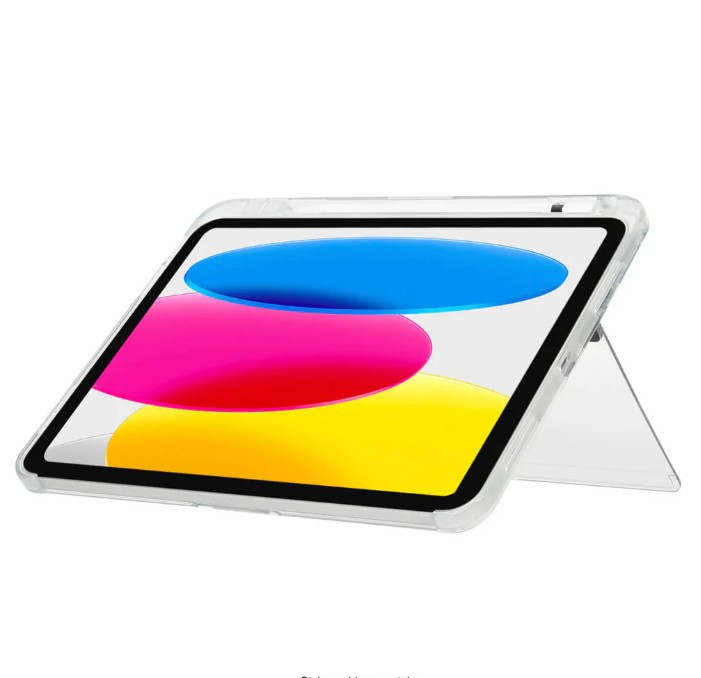 Şeffaf bir kılıf ve stand ile bir iPad, renkli bir ekran gösteriyor. Kılıf ve stand şeffaf.