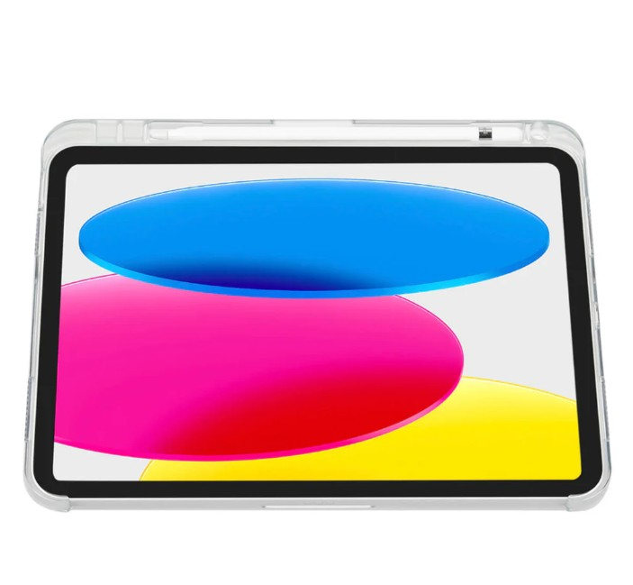 Şeffaf kılıflı bir iPad ve beyaz bir kalem.