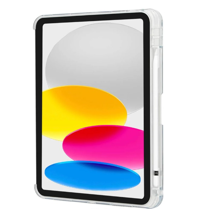 Renkli soyut arka planlı, şeffaf kılıflı iPad.