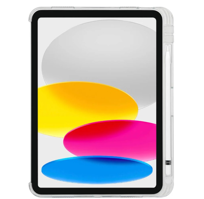 Şeffaf bir kılıfı ve beyaz bir kalemi olan bir tablet. Tabletin ekranı renkli soyut şekiller gösteriyor.