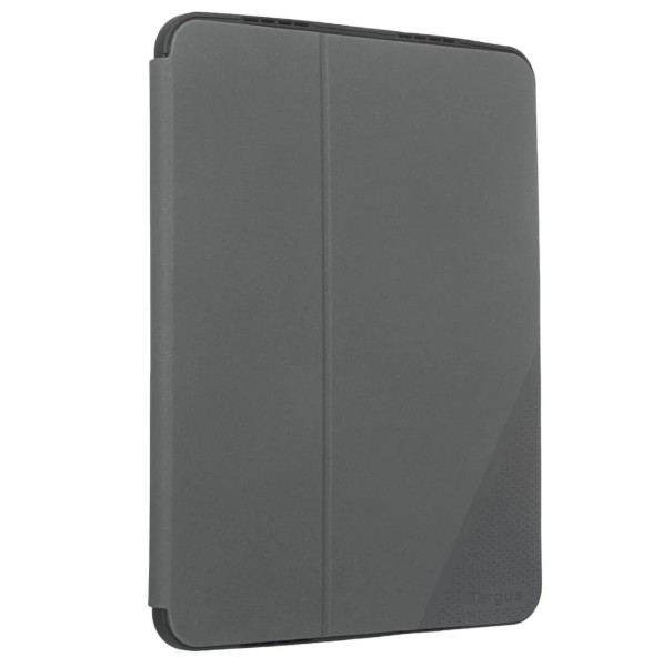 Gri Targus tablet kılıfı, katlanmış. Dokulu sağ alt köşesi ve siyah çerçevesi bulunur.