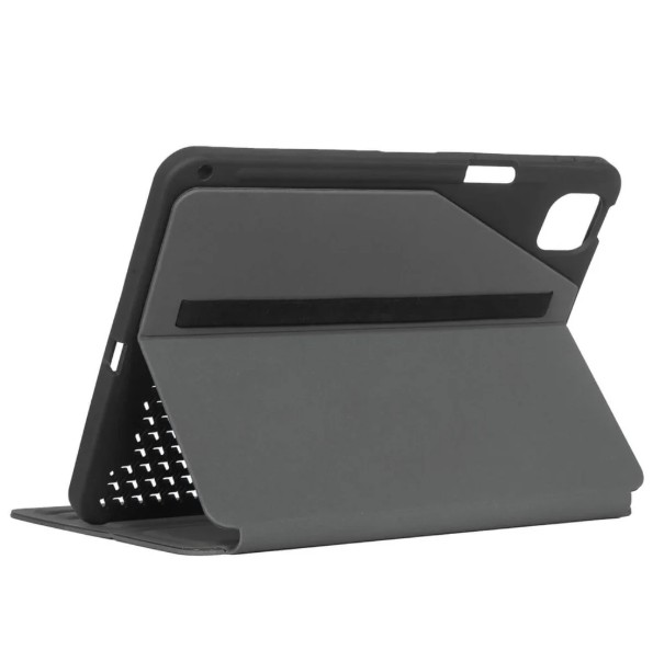 Tablet kılıfı, koyu gri, tabletin arkasını göstermek için açık.