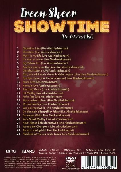 DVD-Rückseite. Ireen Sheer SHOWTIME. Titelliste, DVD-Logo. Text auf Deutsch.