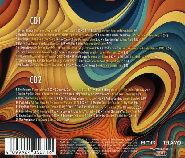 CD-Cover mit Titelliste. Braune, orangefarbene und blaue Wellenlinien bilden den Hintergrund.