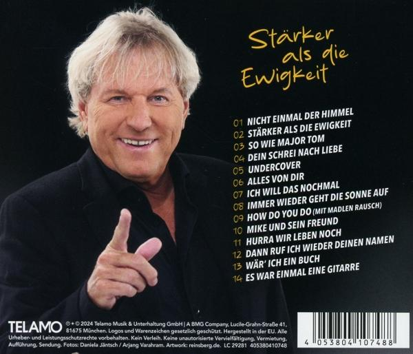 CD-Cover mit einem lächelnden Mann, der zeigt. Text auf Deutsch: 'Stärker als die Ewigkeit'.
