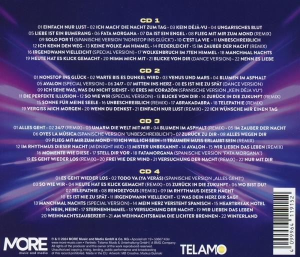 CD-Cover mit Titelliste. Das Cover ist in vier CDs unterteilt, auf denen verschiedene Songs aufgeführt sind.