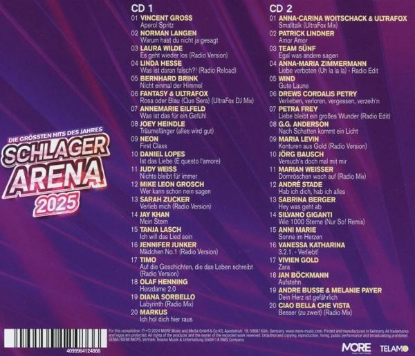 CD-Cover mit Titelliste. Der Text befindet sich auf schwarzem Hintergrund. Schlager Arena 2025 steht vorne.