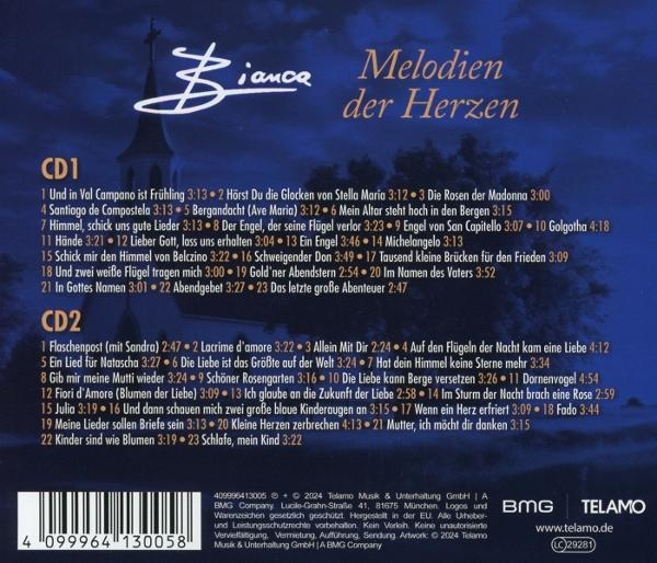 CD-Hülle hinten mit Titelliste: Italienische Lieder. Blau/gelber Hintergrund, Kirchenbild und Telamo-Logo.
