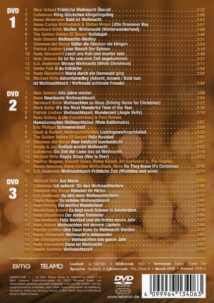 DVD-Hülle Rückseite mit Titelliste von Weihnachtsliedern, Logos und Text, in verschiedenen Sprachen.