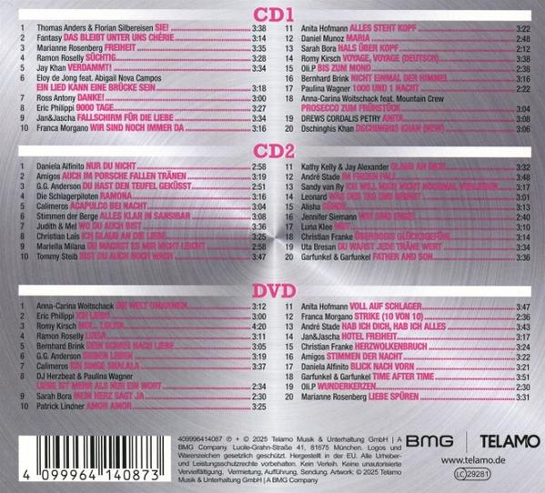 CD- und DVD-Album mit Titellisten und Credits. Das Layout umfasst CD1-, CD2- und DVD-Abschnitte.