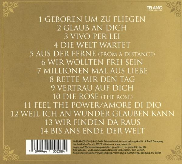 CD mit Songtiteln. Text auf Deutsch. Goldener Hintergrund.