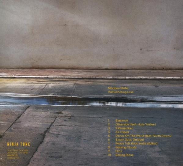 Albumcover mit Titelliste. Grauer Asphalt und eine Wand im Hintergrund. Künstler Maribou State.