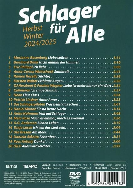 Albumcover mit Titelliste für das Compilation-Album Schlager für Alle Herbst Winter 2024/2025.