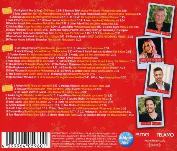 CD-Cover mit Titelliste. Das Cover hat Fotos von Künstlern. Der Hintergrund zeigt ein Weihnachtsthema.
