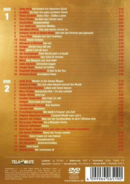 DVD-Rückseite mit Titellisten auf Deutsch, goldener Hintergrund.