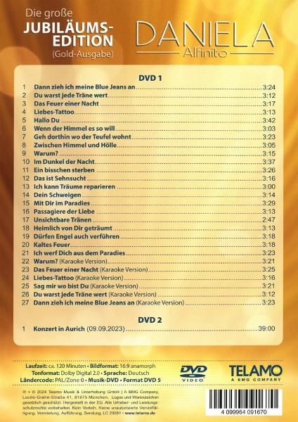 DVD-Cover mit Titelliste und Künstlernamen. Gold-Ausgabe. Daniela Alfinito. DVD1 und DVD2 mit Liedern und Konzertdetails.