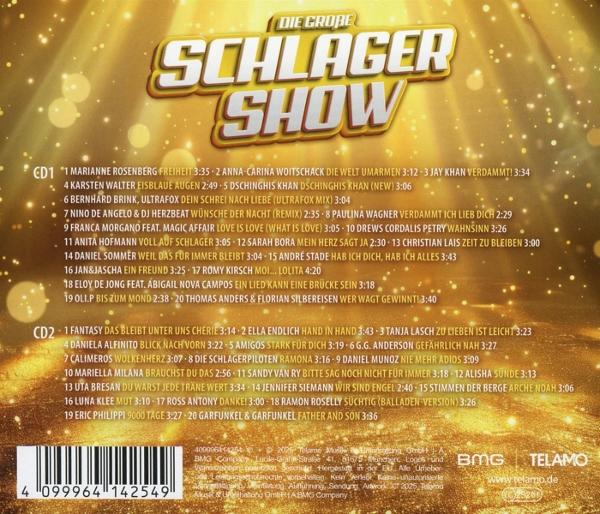 Rückseite einer CD-Hülle mit einer Liste von Liedern, die in weißem Text auf goldenem Grund gedruckt sind.