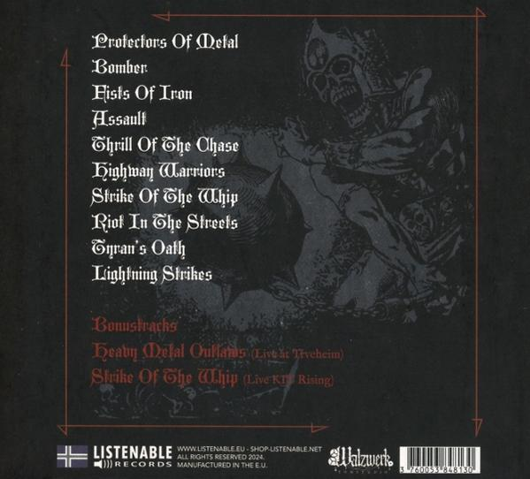 Die Rückseite eines Musikalbums mit Text und einer Schädelillustration.