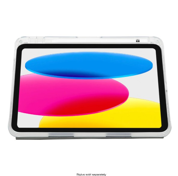 Şeffaf bir kılıf içinde bir kalemle beyaz tablet. Ekran mavi, pembe ve sarı renkler gösteriyor.